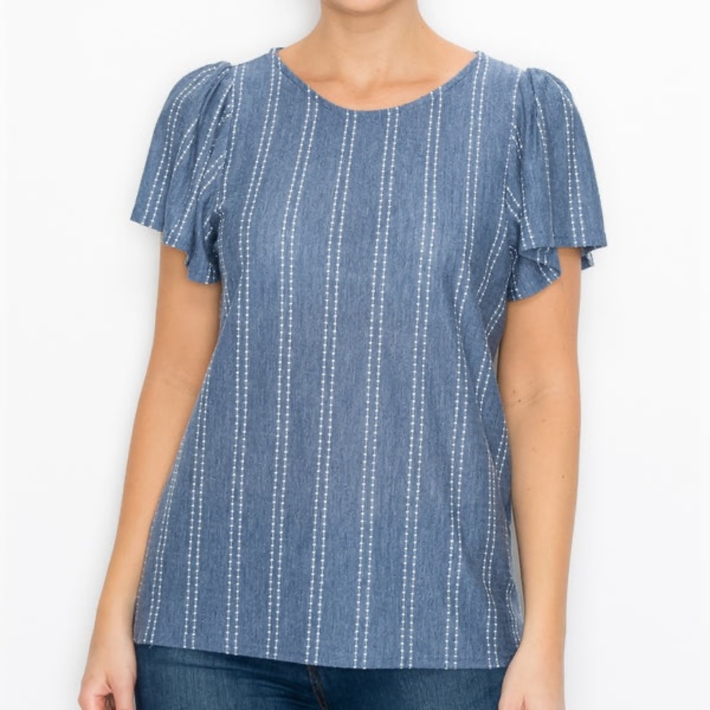 W5 Concepts Denim Dot Stripe Flutter Sleeve Top